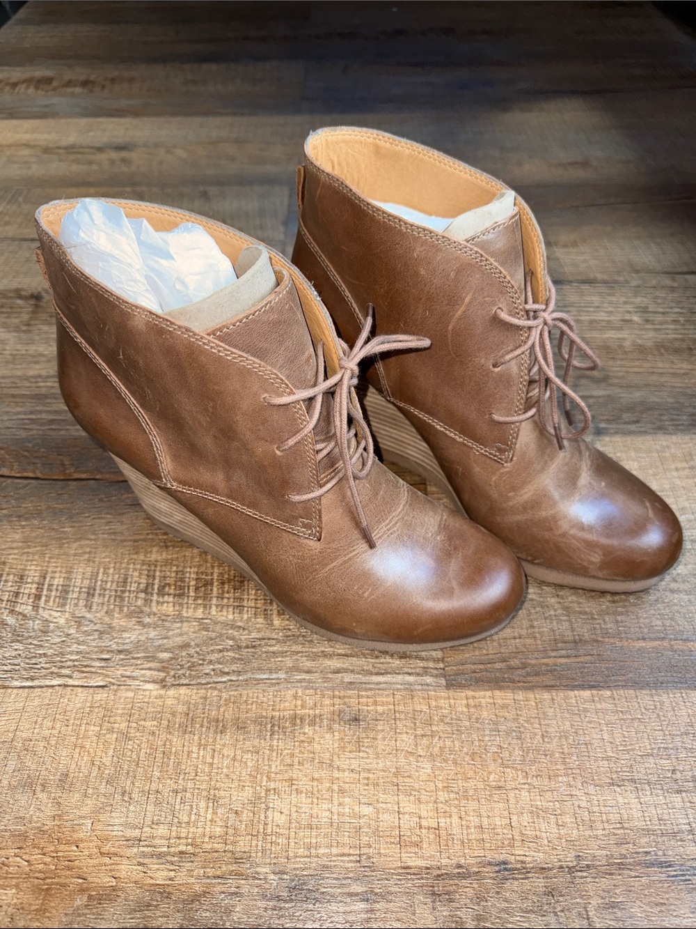 Lucky Brand Brown Lace-Up Wedge Ankle Boots